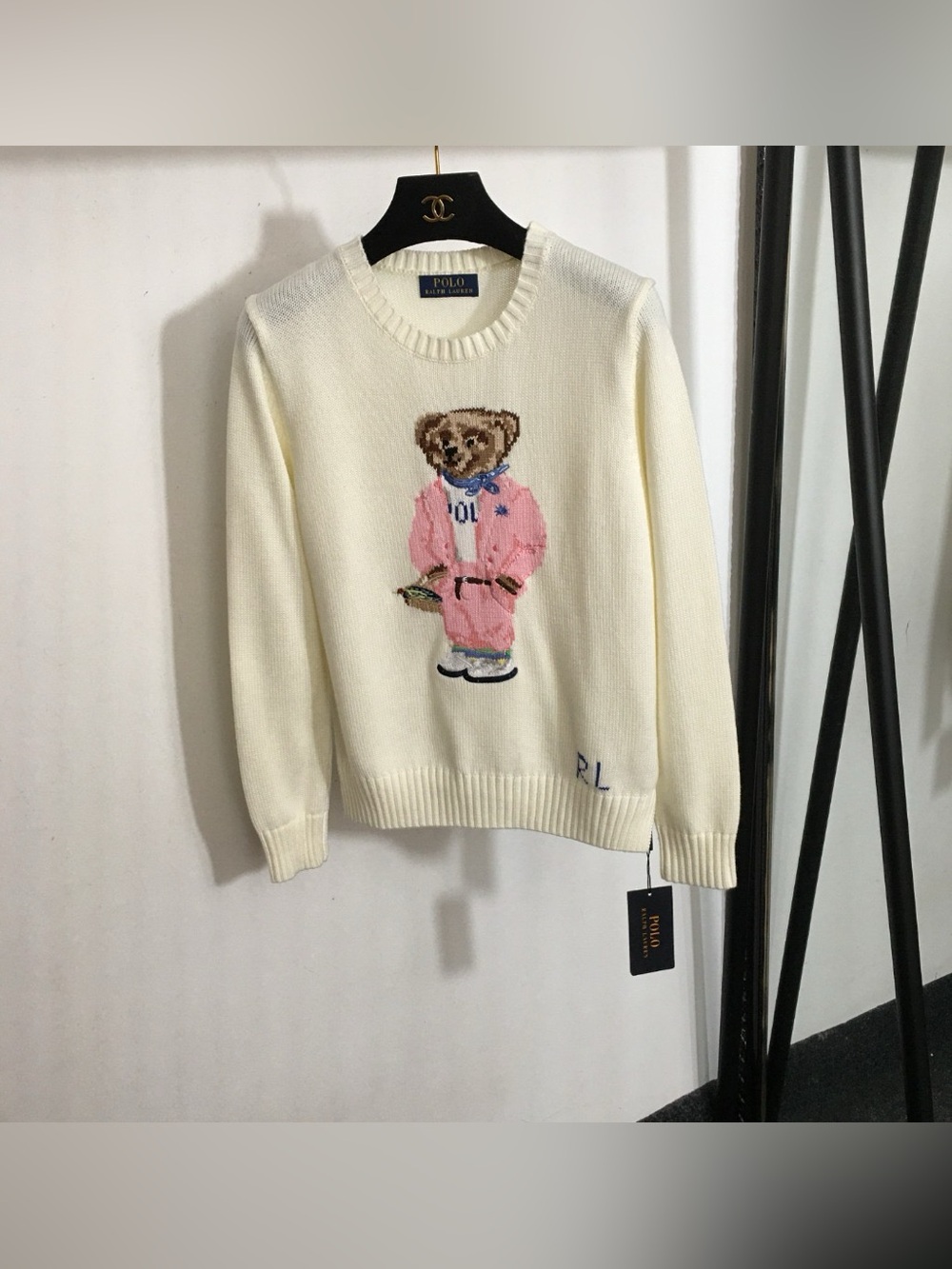 Polo Ralph Lauren Cream Pink‑Suit Polo Bear Crewneck Knit Sweater